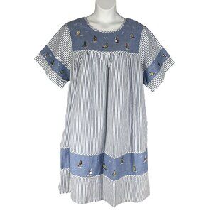 National Women 2X Chambray Striped Nautical Embroidery Dress Costal Beachy Artsy